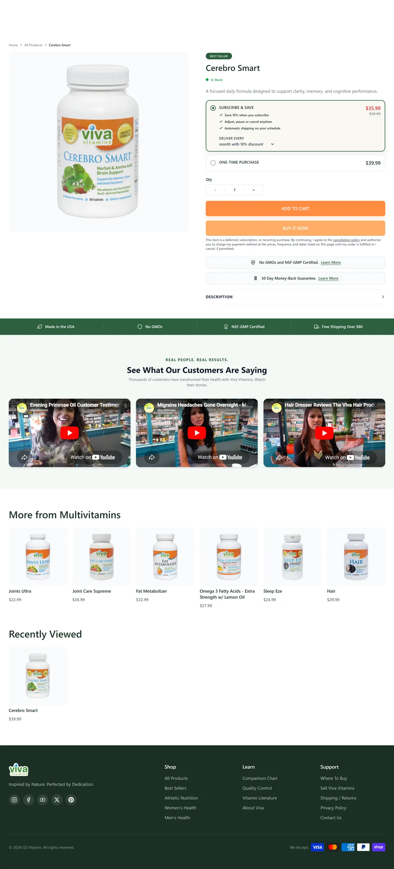Viva Vitamins Cerebro Smart Product Page desktop layout